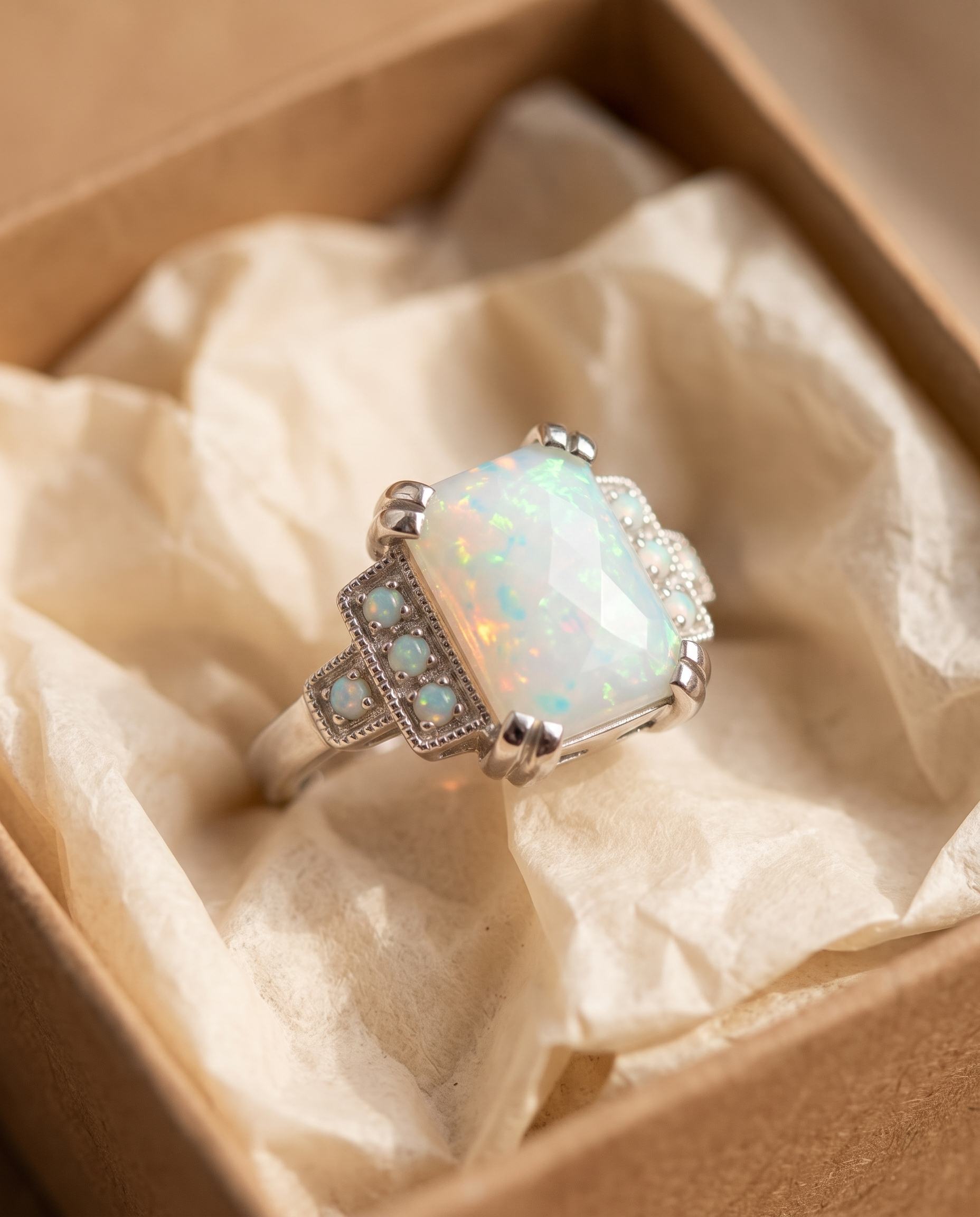 White Opal Art Deco Silver Ring in a kraft gift box