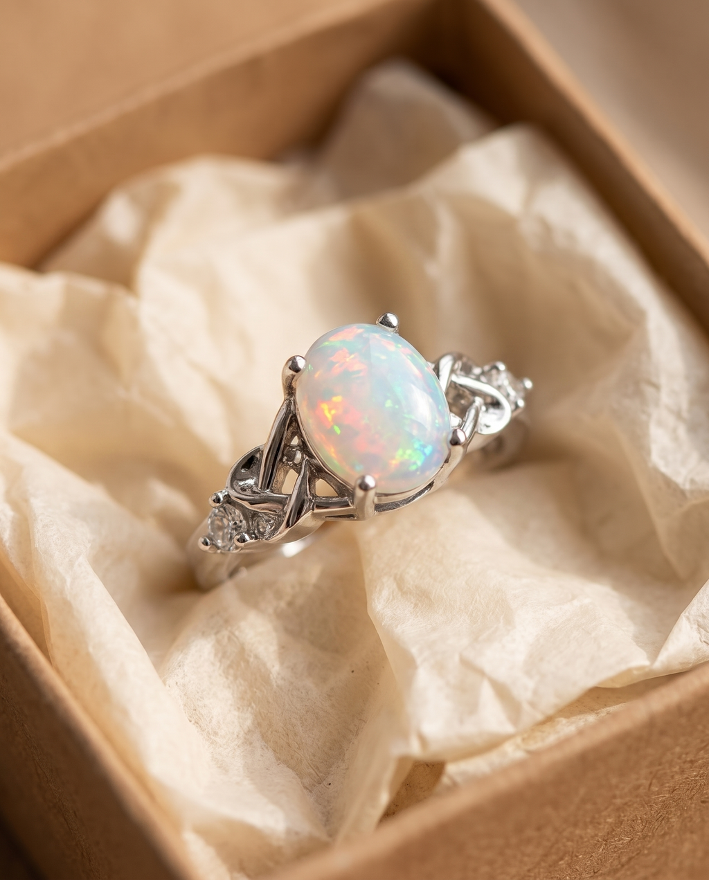White Opal Celtic Knot Silver Ring in a kraft gift box