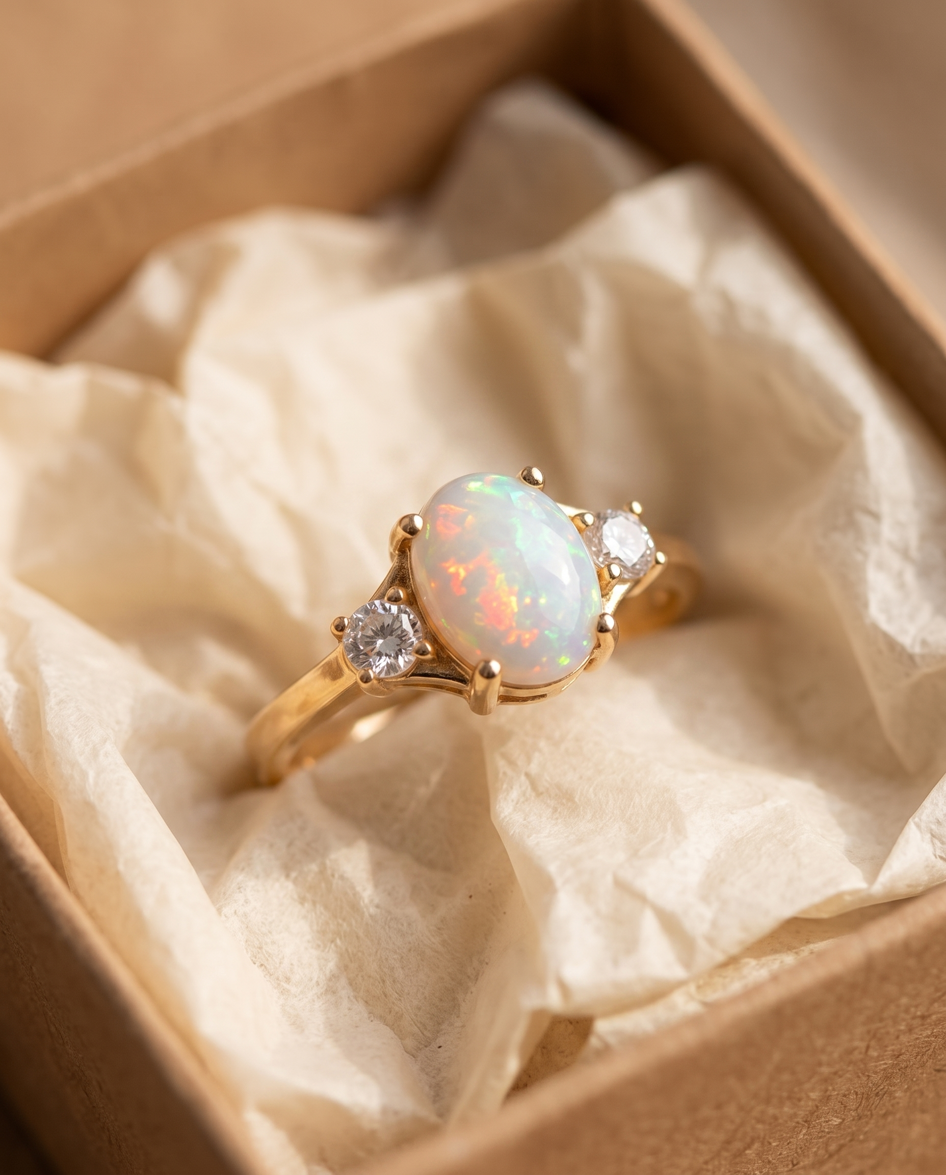 White Opal Three-Stone Gold Ring in a kraft gift box