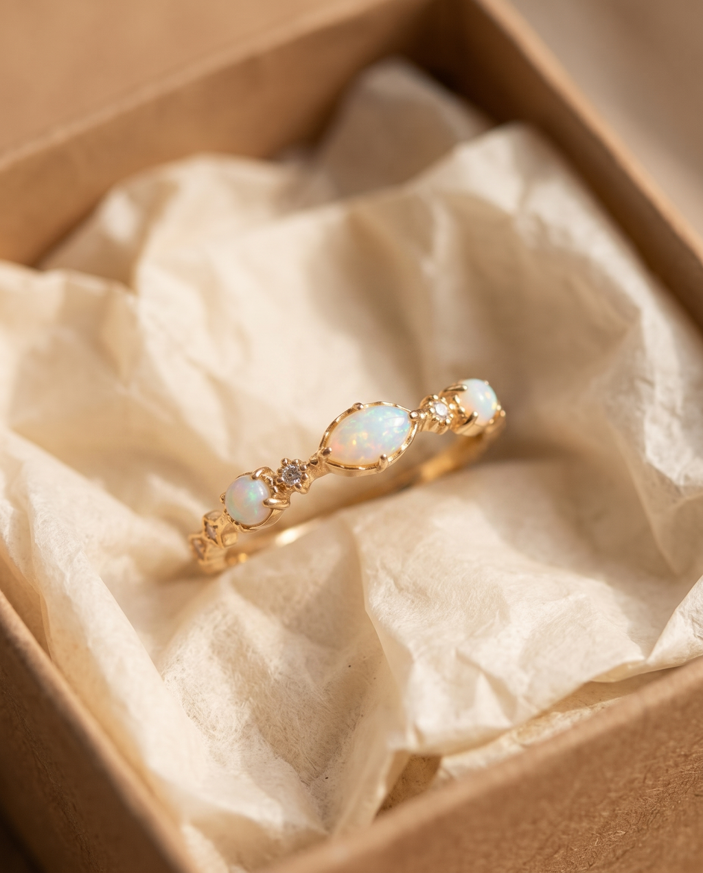 White Opal Marquise Gold Ring in a kraft gift box