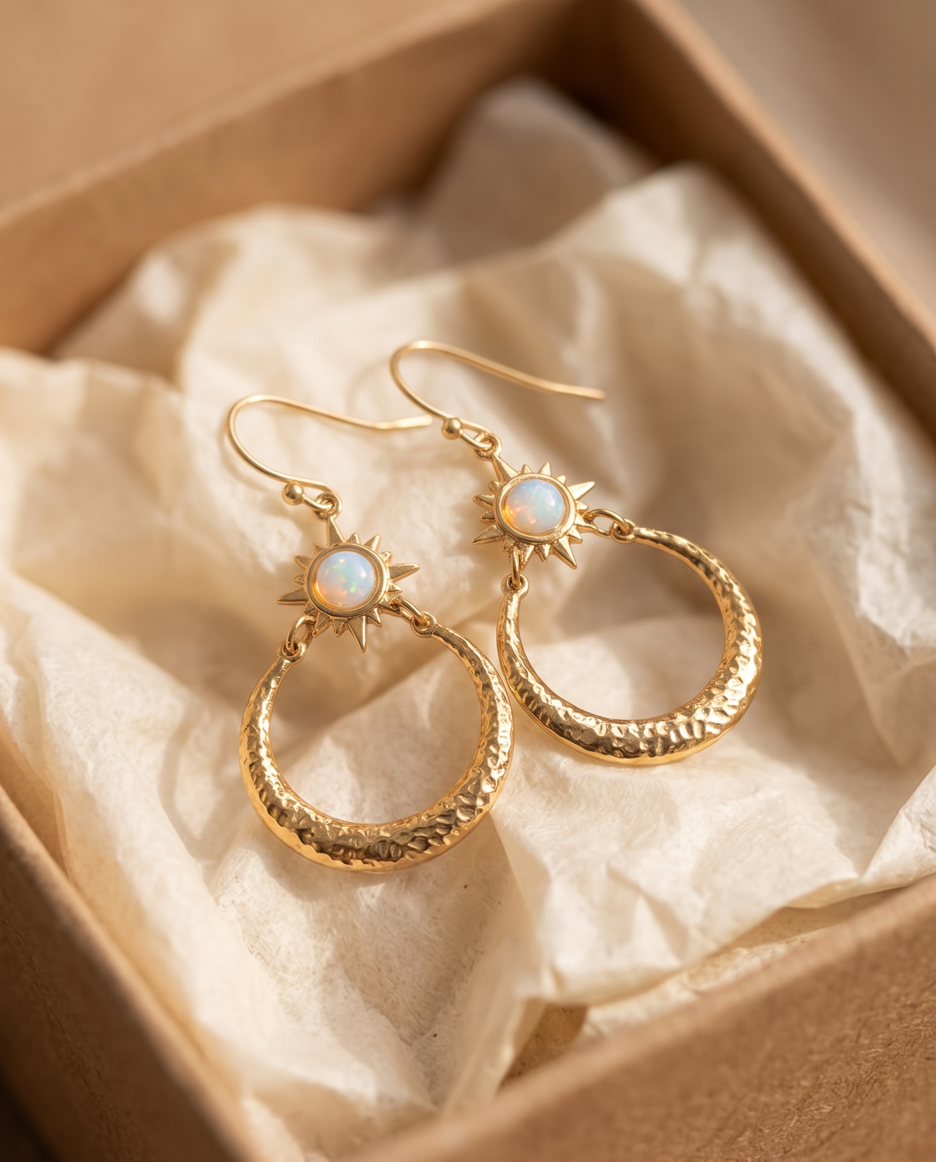 Opal Sunburst Hammered Hoop Earrings in a kraft gift box