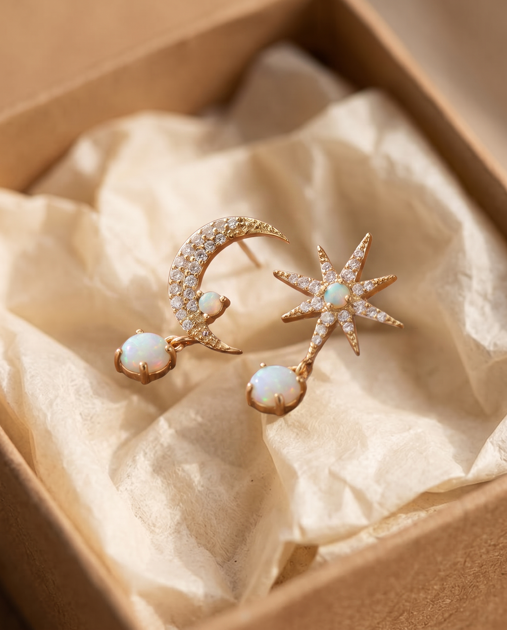 Opal Moon and Star Mismatched Earrings in a kraft gift box