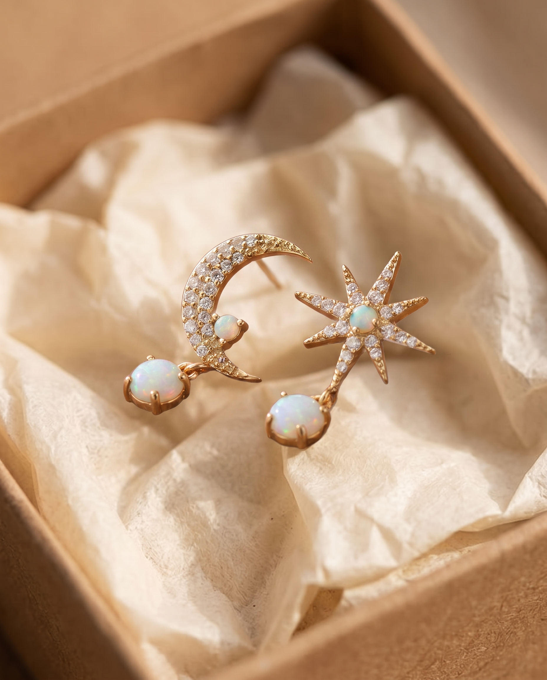 Opal Moon and Star Mismatched Earrings in a kraft gift box