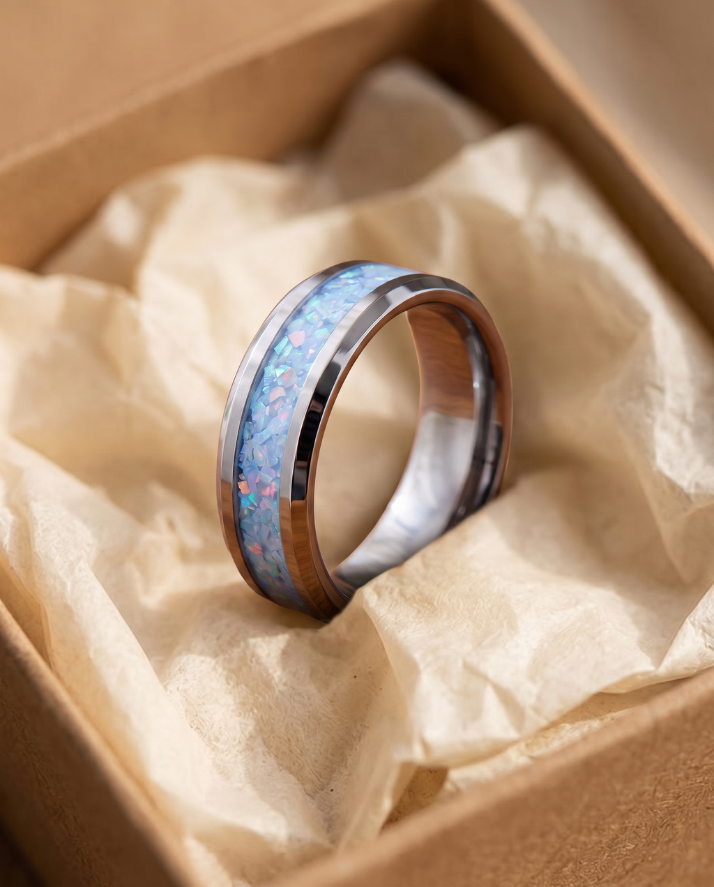 Blue Opal Inlay Steel Band Ring in a kraft gift box
