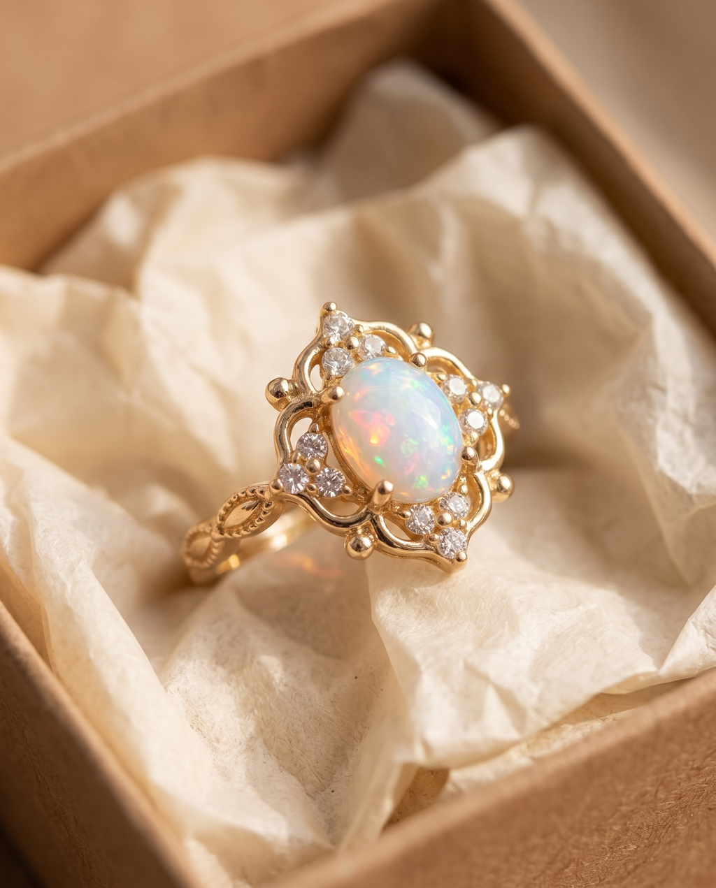 White Opal Baroque Gold Ring in a kraft gift box