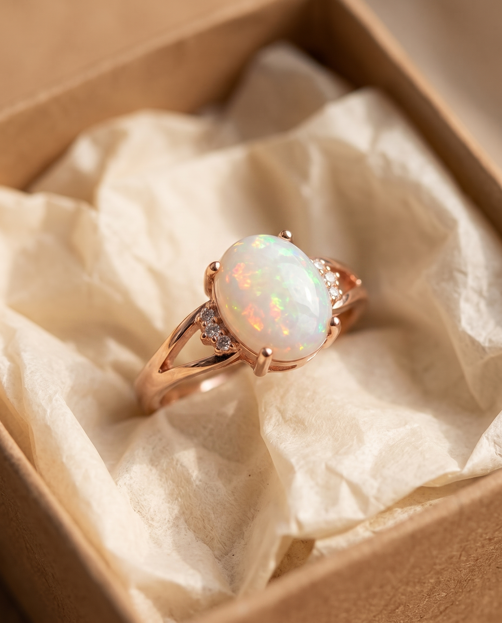 White Opal Rose Gold Ring in a kraft gift box