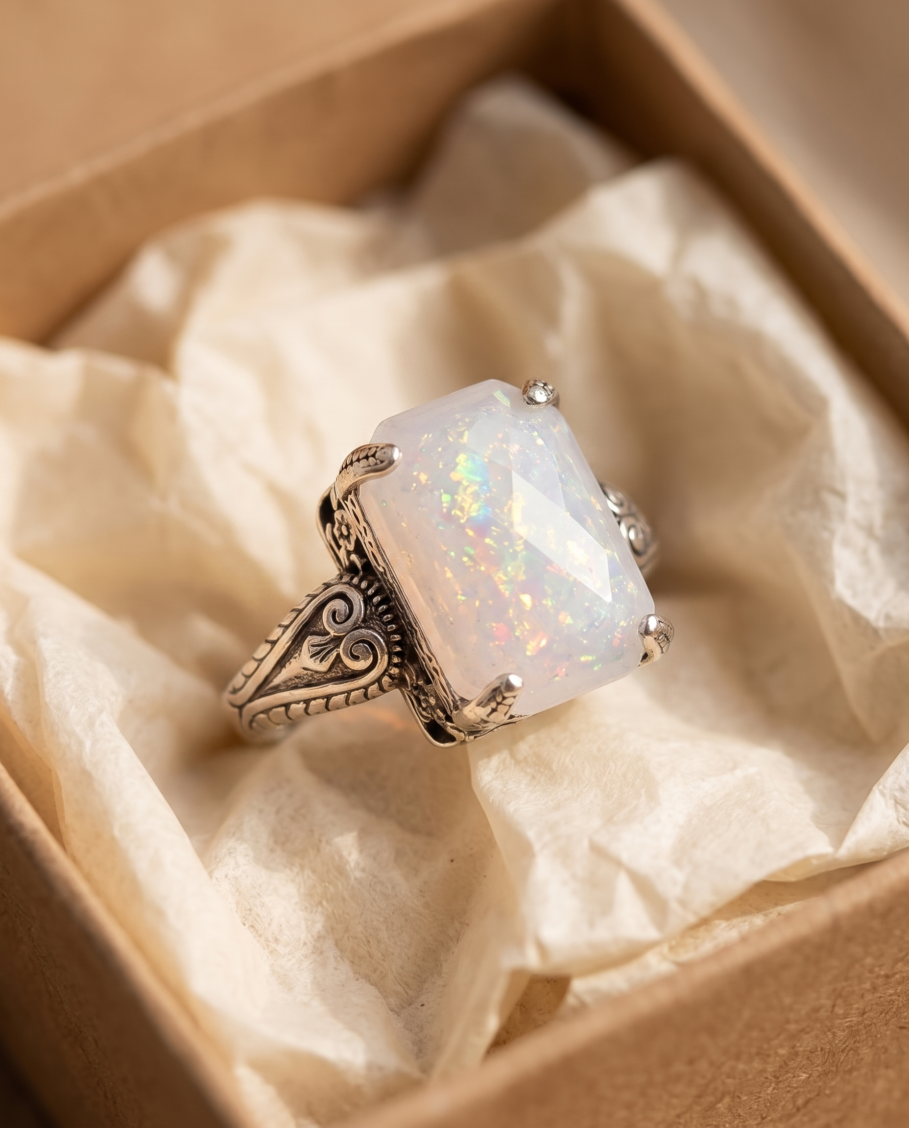 White Opal Antique Silver Ring in a kraft gift box