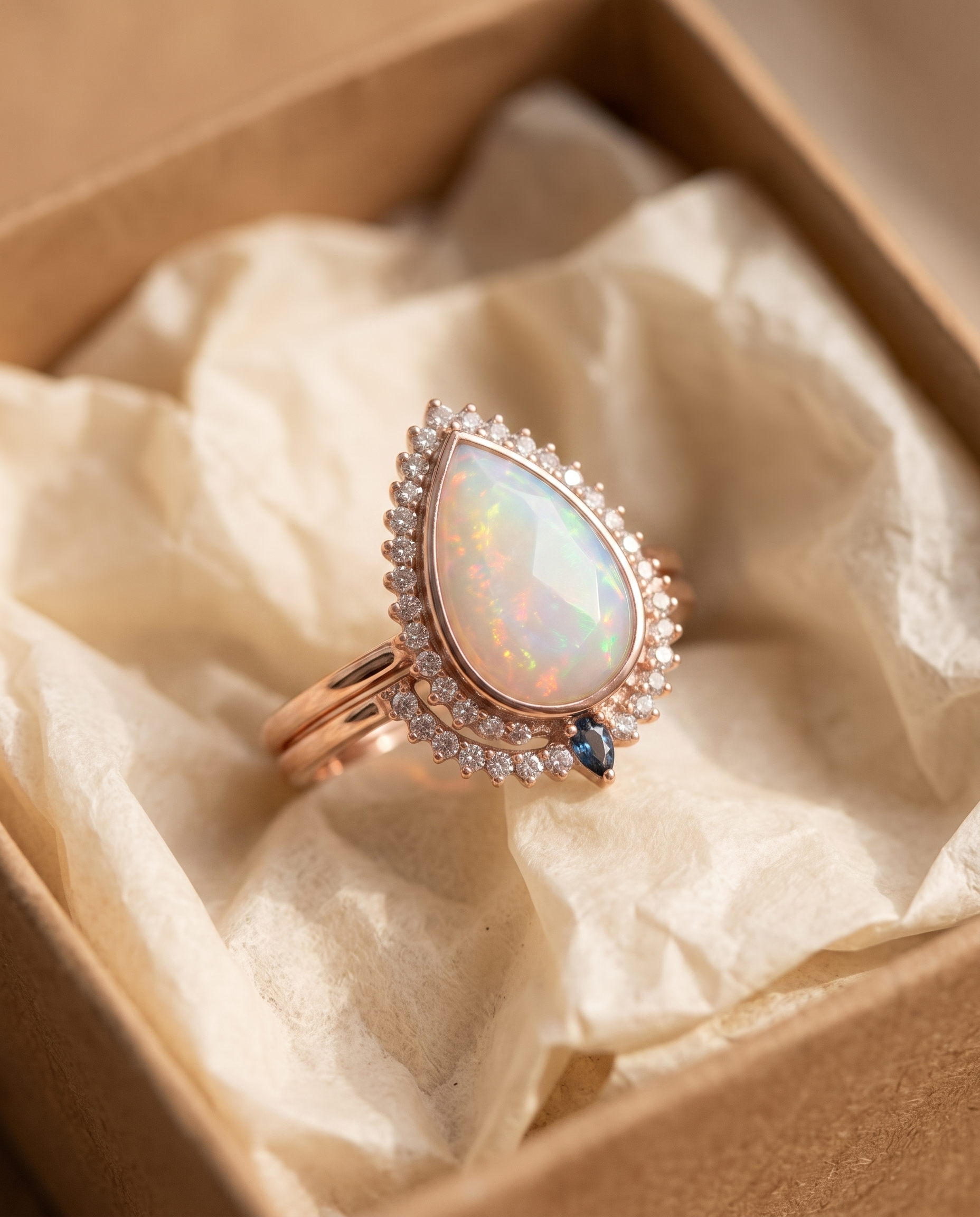 White Opal Teardrop Rose Gold Ring in a kraft gift box