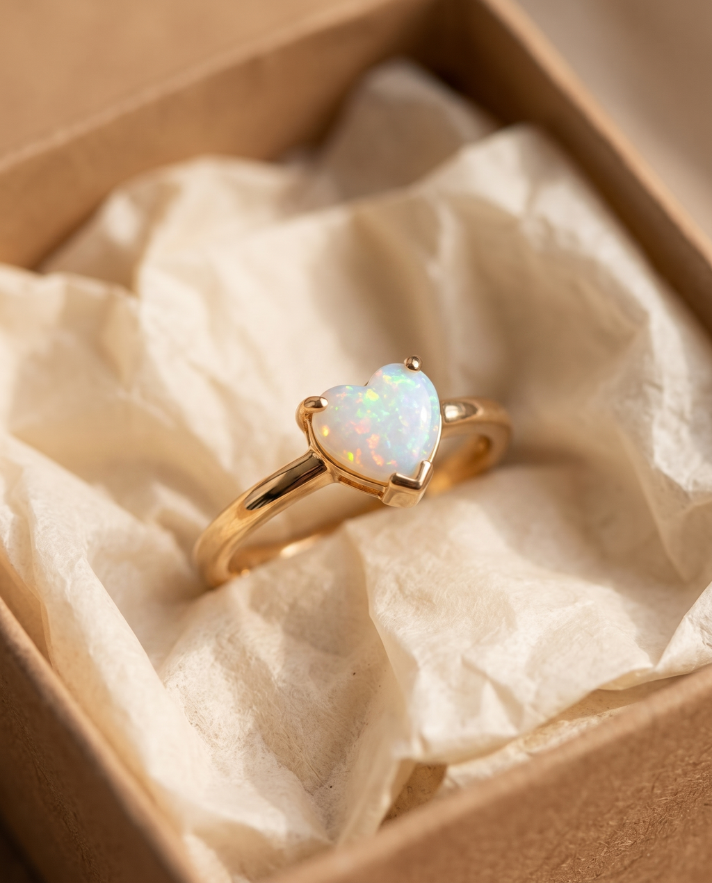 White Opal Heart Gold Ring in a kraft gift box