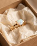White Opal Heart Gold Ring in a kraft gift box