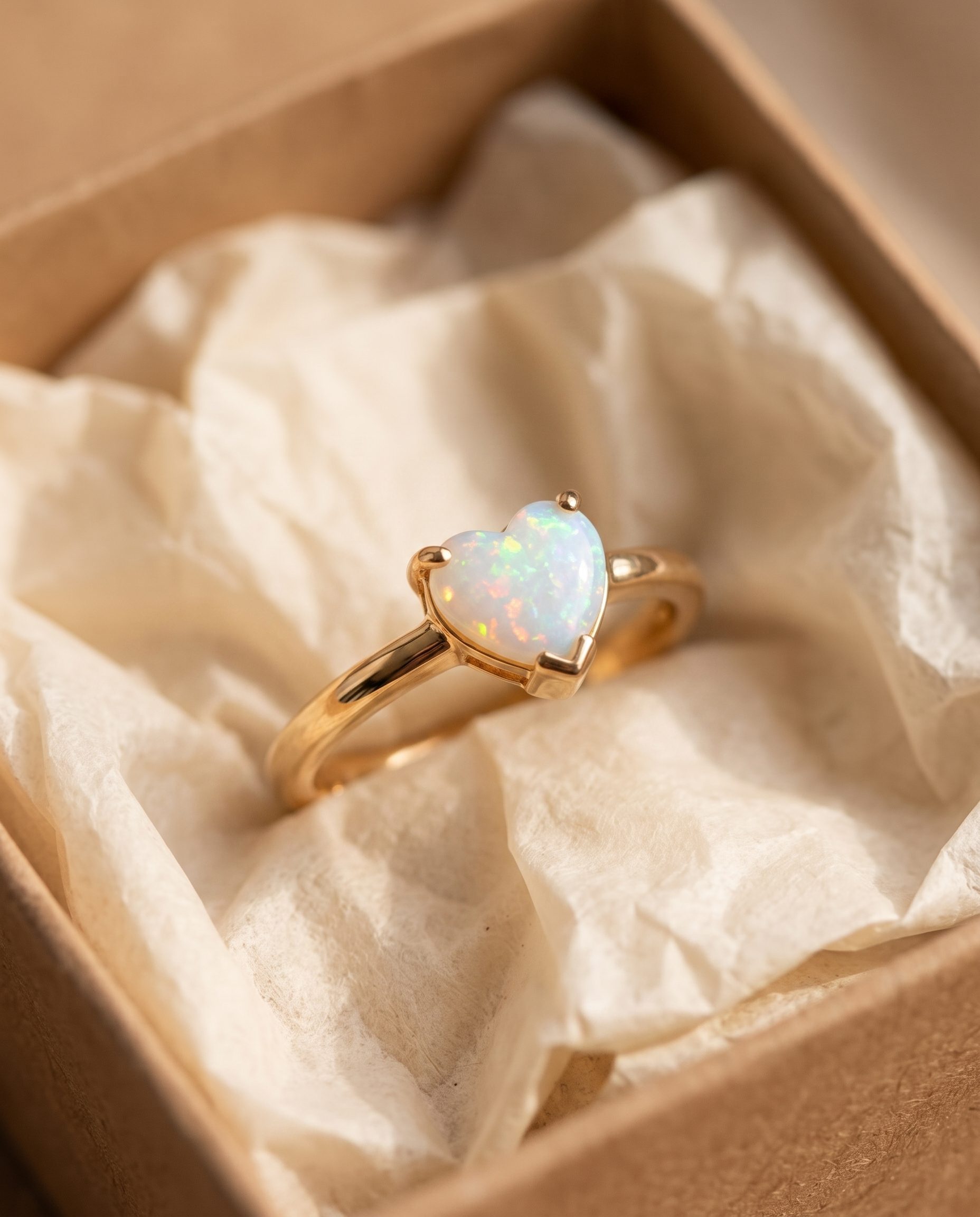 White Opal Heart Gold Ring in a kraft gift box