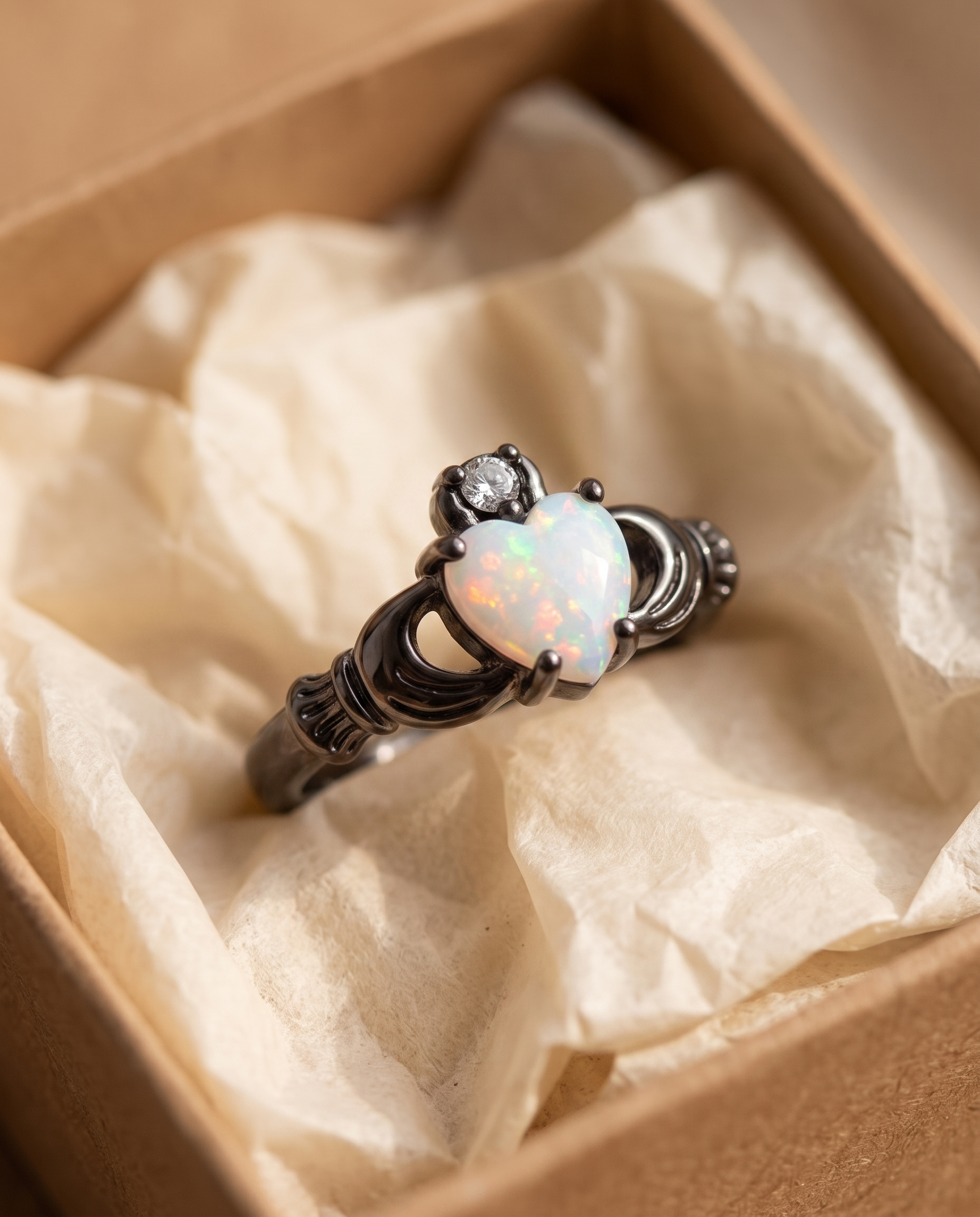 White Opal Claddagh Black Gold Ring in a kraft gift box