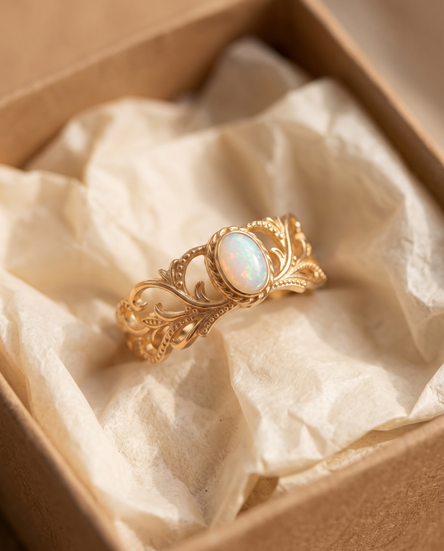 White Opal Leaf Gold Ring in a kraft gift box