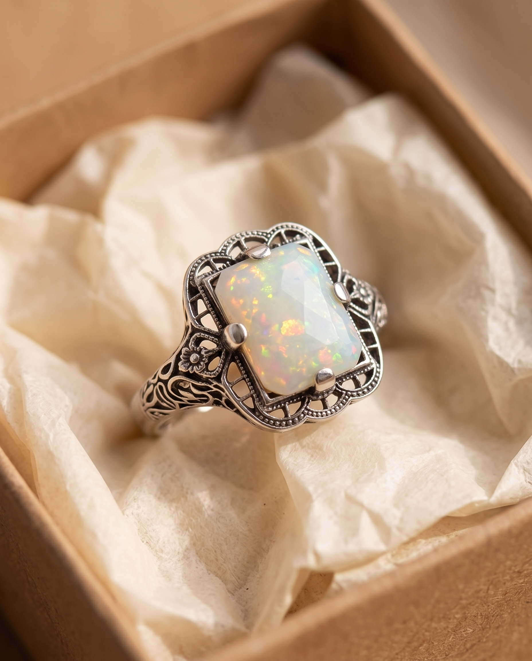 White Opal Filigree Silver Ring in a kraft gift box