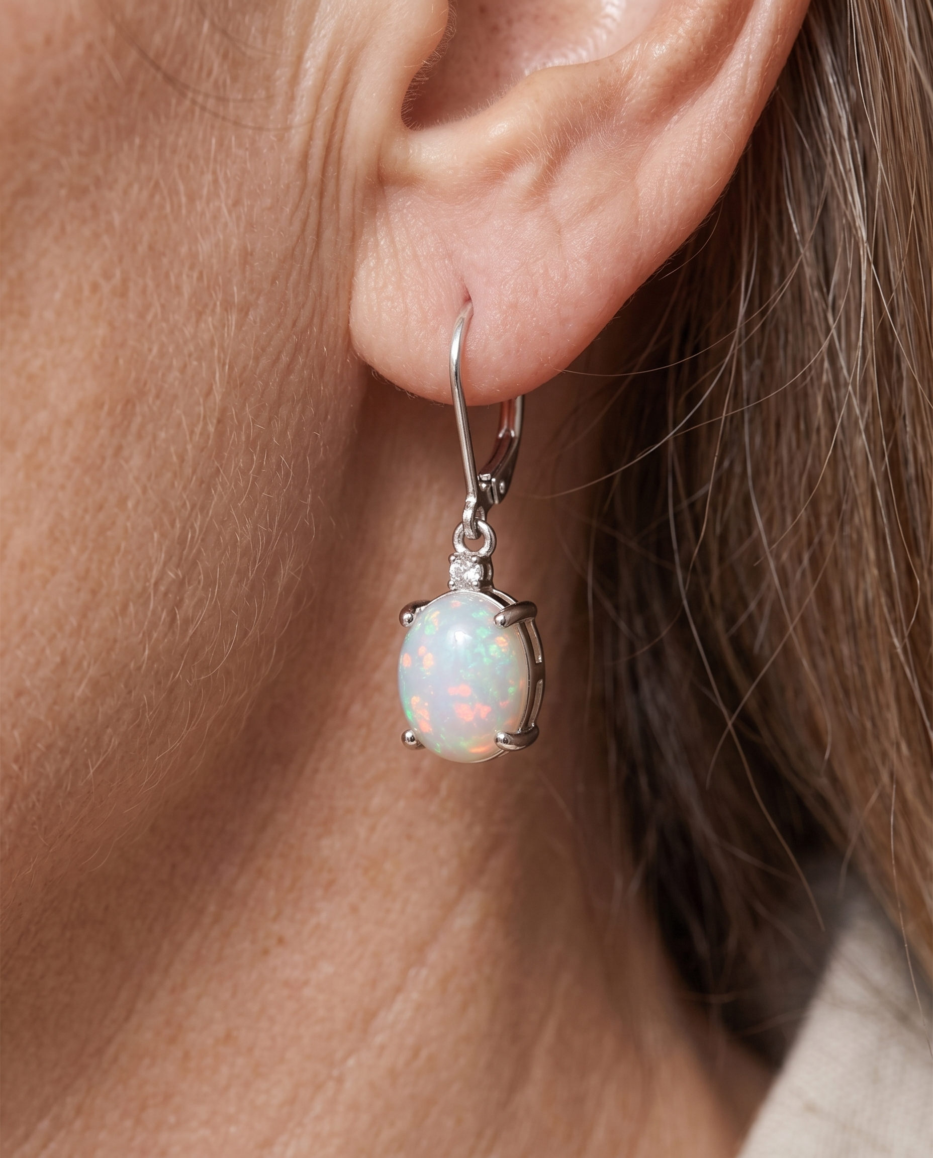 Silver Fire Opal Lever-Back Drops worn on a model