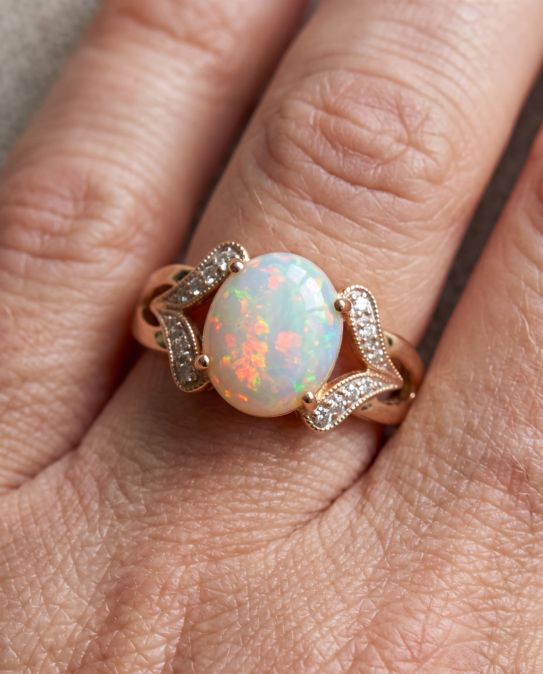Vintage White Opal Gold Ring worn on a model
