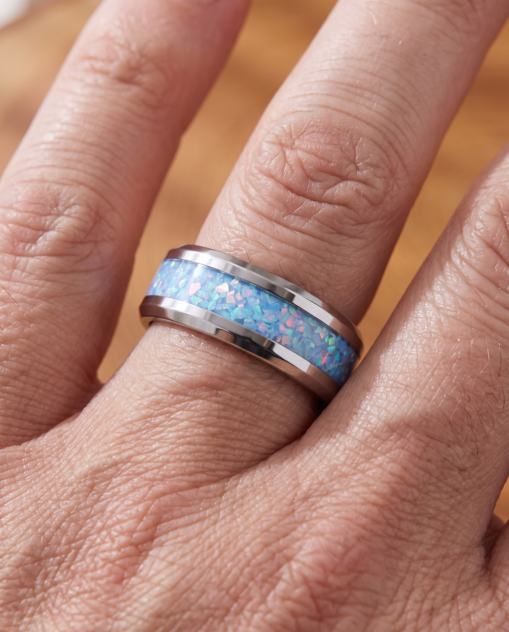 Blue Opal Inlay Steel Band Ring worn on a model