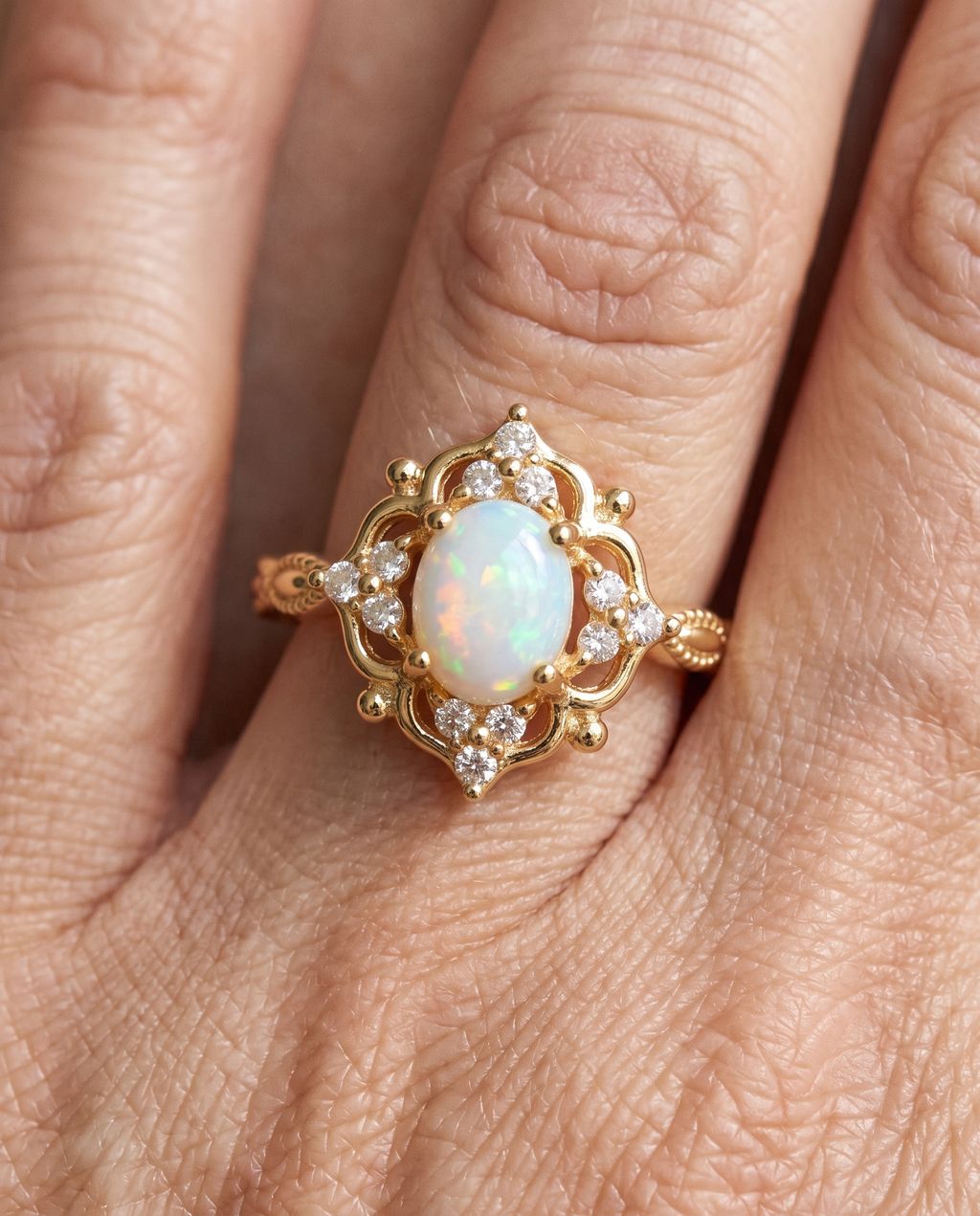White Opal Baroque Gold Ring worn on a model