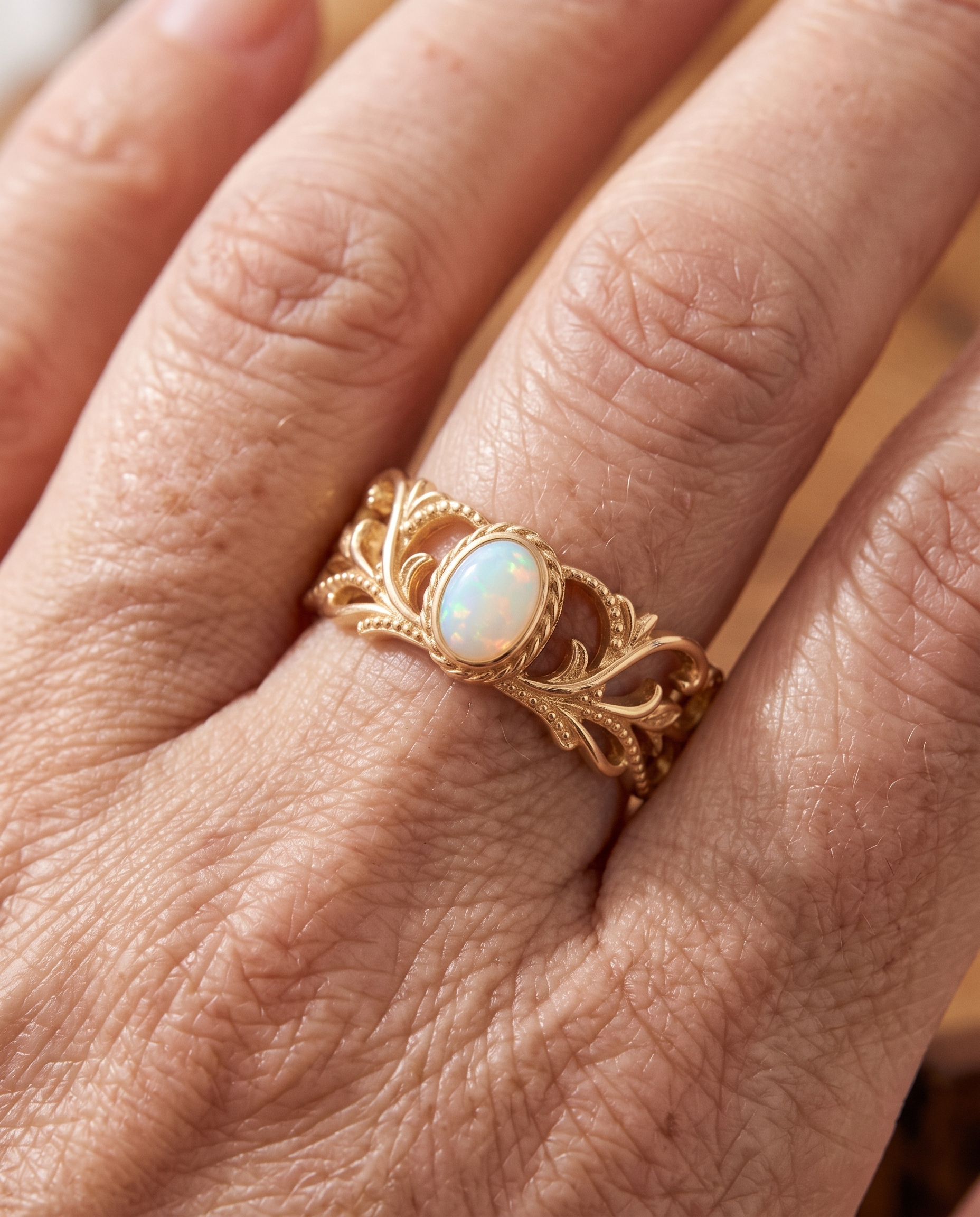 White Opal Leaf Gold Ring worn on a model