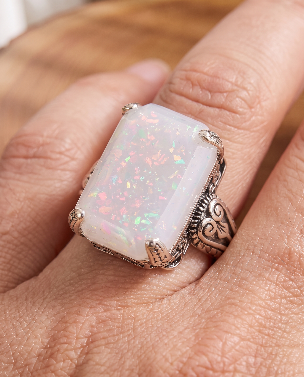 White Opal Antique Silver Ring worn on a model