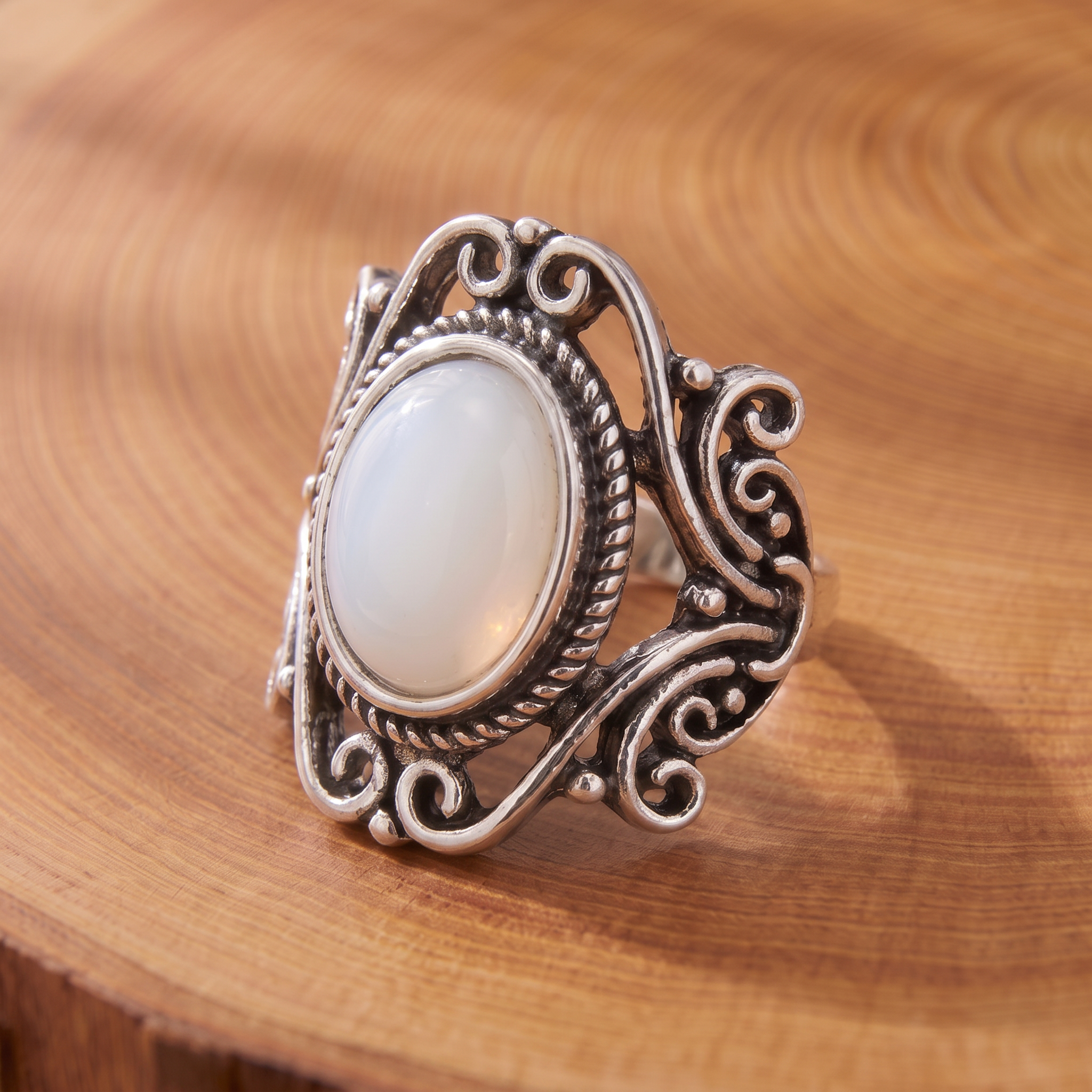 White Opal Scrollwork Silver Ring on a tree-trunk slab