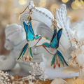 Golden Hummingbird Drop Earrings with Blue Enamel