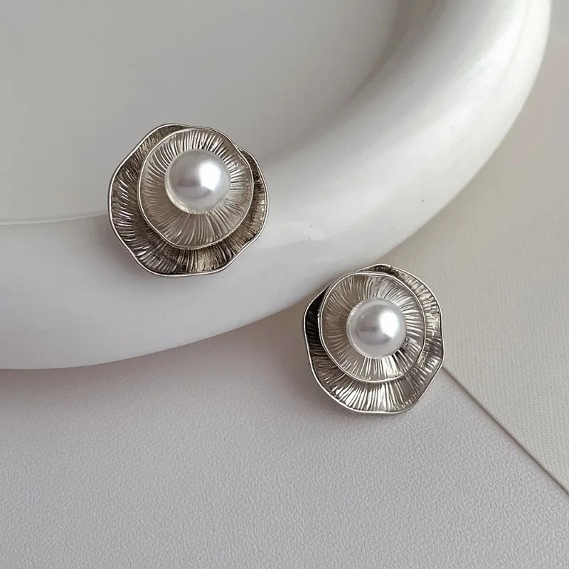 Vintage Silver Petal Pearl Stud Earrings