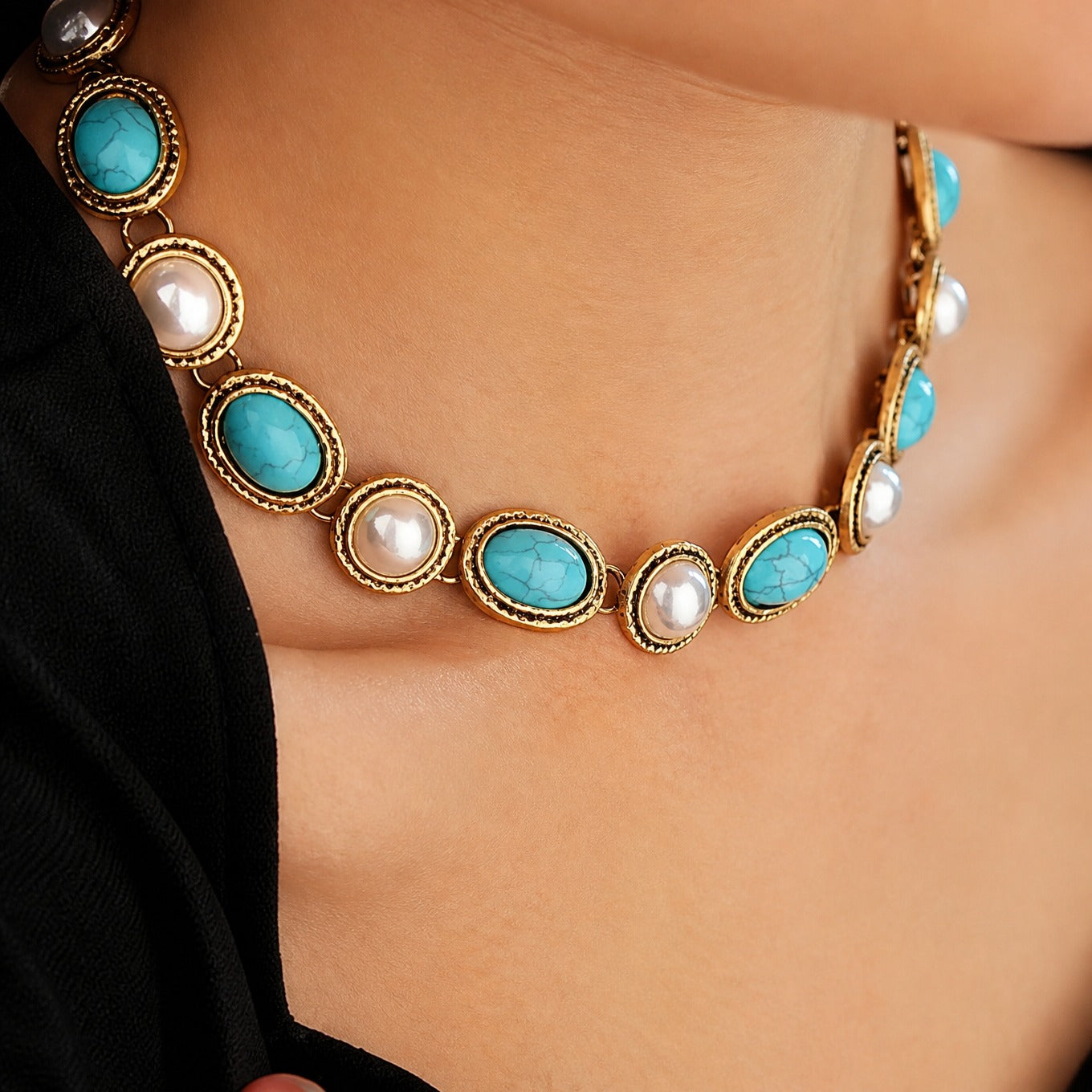Turquoise & Pearl Antique Gold Statement Set